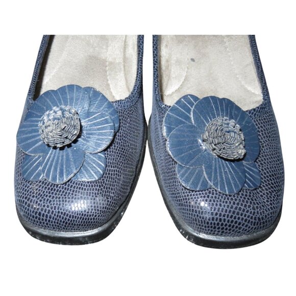 AEROSOLES A2 Navy Lizard Embossed Leather Flower Embellished Wedges size 10 beyo - Picture 2 of 11